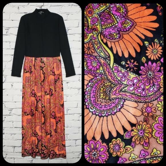 Vintage Neon Paisley Floral Maxi Dress, size Small - Picture 1 of 8